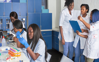 African women scientists medics professionals work in hospital test lab with patient samples