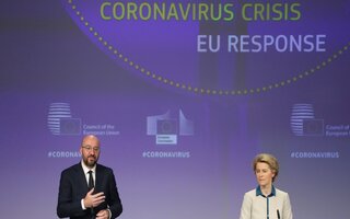 Coronavirus EU response - on stage Ursula von der Leyen and Charles Michel