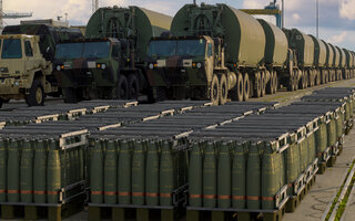 Pallets of 155mm artillery ammunition