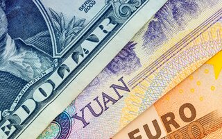 U.S. one dollar bill, five yuan and fifty euro