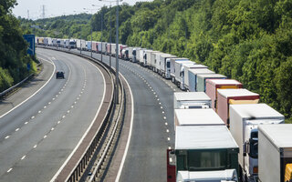 Lorries queued when Operation Stack is in place on the M20 motorway in Kent