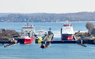 Container ships in watergates in Kiel Holtenau