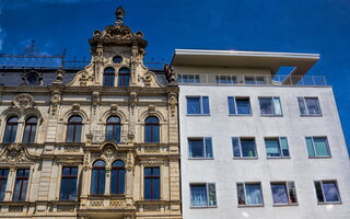 Old and new building next to each other, Zwickau, Germany