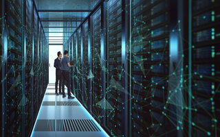 IT Engineers and Technician discussing technical problem in server room with data connection visual effect