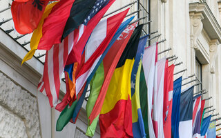 The flags of Organization for Security and Co-operation in Europe countries near headquarters of OSCE in Vienna, Austria