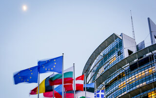 Flags in front of the European Parliament in Strasbourg.
