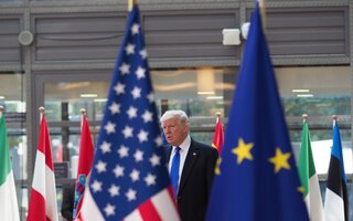 Donald Trump between US and EU flags