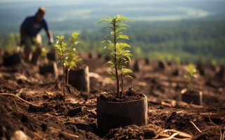 A tree plantation. Furrows with evenly spaced seedlings in black pots. Blurred worker and a valley in the background
