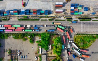 Aerial view of trucks stuck in traffic