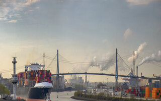 Panoramic view of a container ship in port of Hamburg
