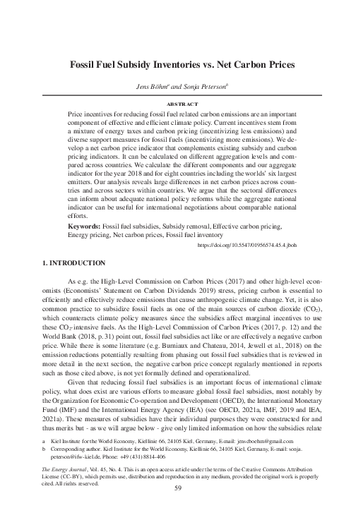 Fossil Fuel Subsidy Inventories vs. Net Carbon Prices - Kiel Institut