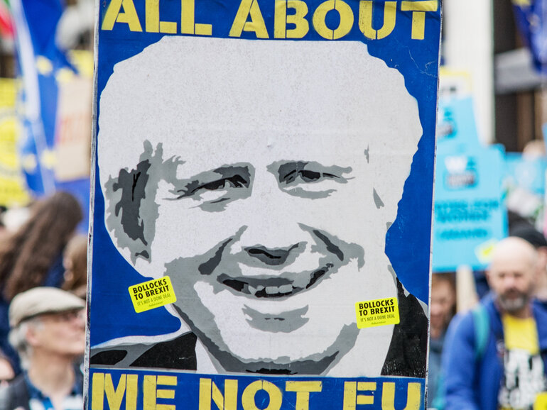 Poster showing Boris Johnson with text "All about me not EU"